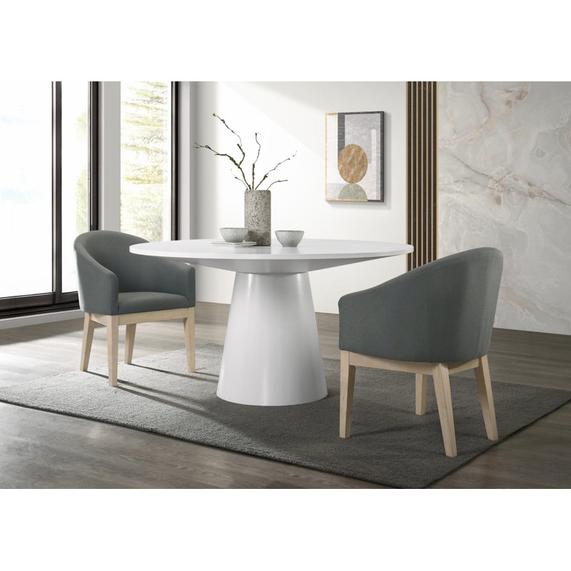 Ensemble de table de salle à manger 3 pièces avec piédestal et 2 chaises demi-tonneau, H 31 po x L 59 po x l 59 po, Blanc