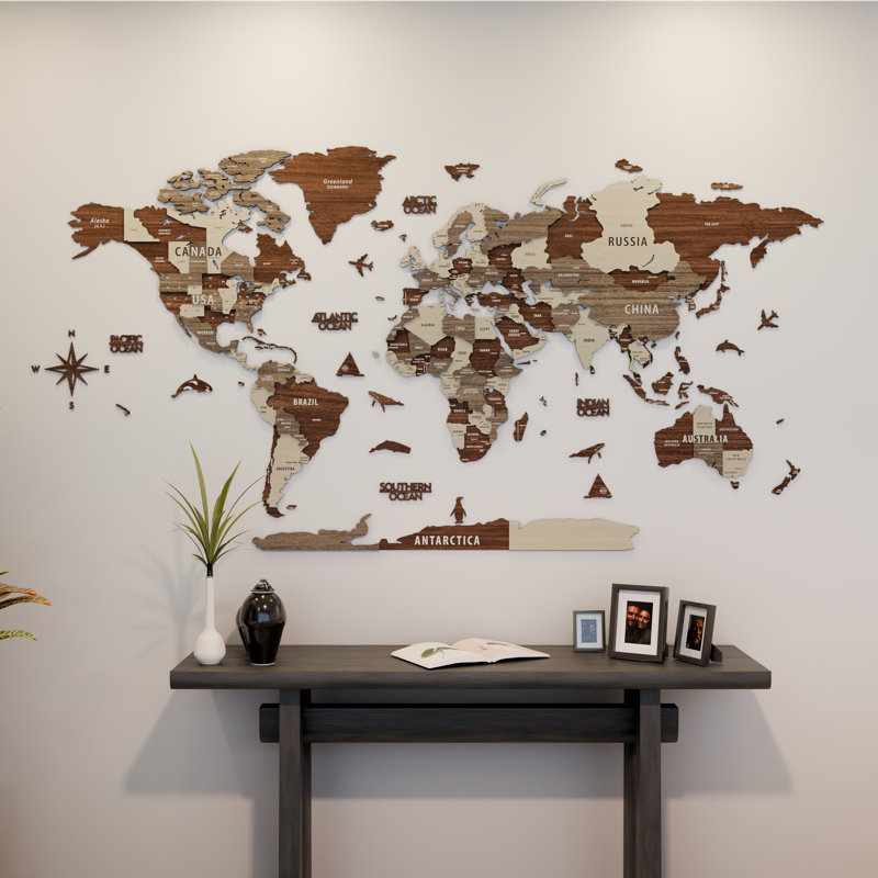 Carte 3D du monde en bois avec punaises, H 31,5 po x l 59,1 po x P 1 po, Mélange