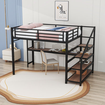Metal Loft Bed With Desk, Storage Stairs, LED Lights And USB Ports