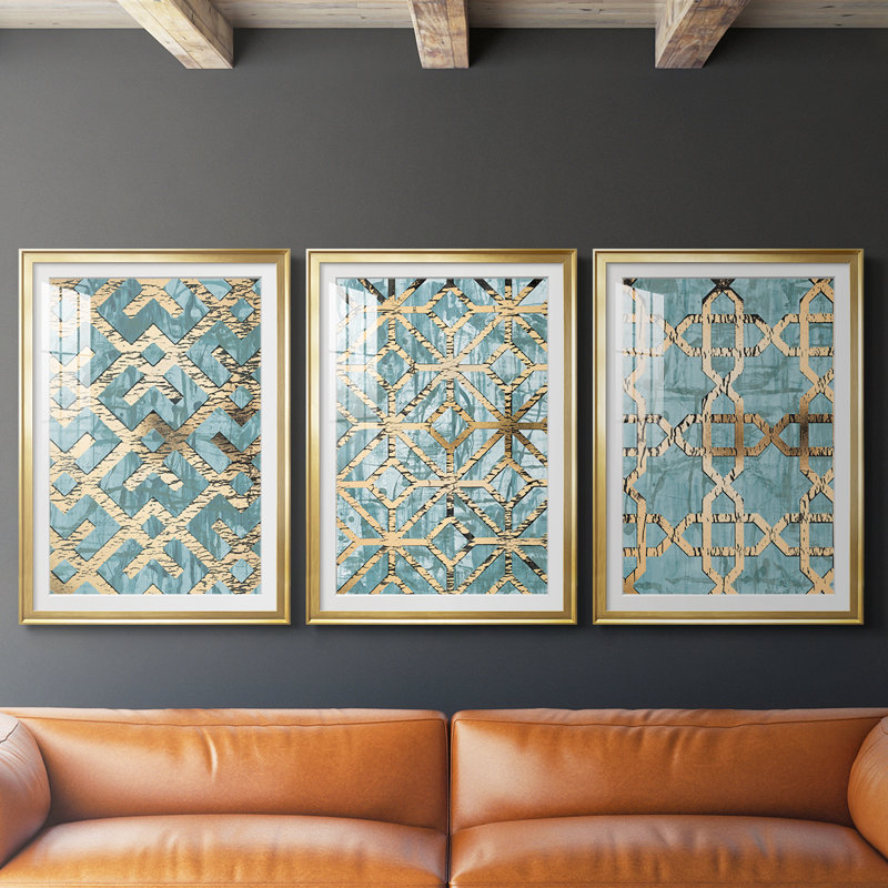 Gilded Geometrics I - impression personnalisée de qualité supérieure avec cadre mat - 3 pièces, H 15 po x l 19 po, Doré