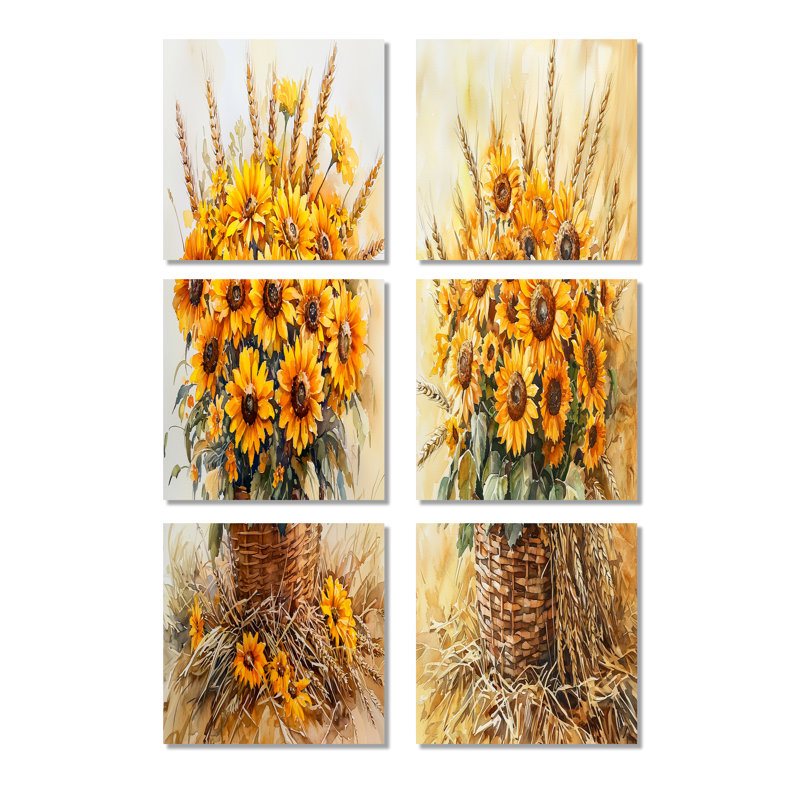 Tournesols Golden Harvest Arrangement - ensemble d'art mural en toile florale de 6, Toile tendue, Ne s’applique pas