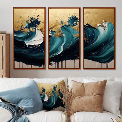 Pierre émeraude sur bruine rythmique dorée I - encre liquide, art mural - 3 pièces