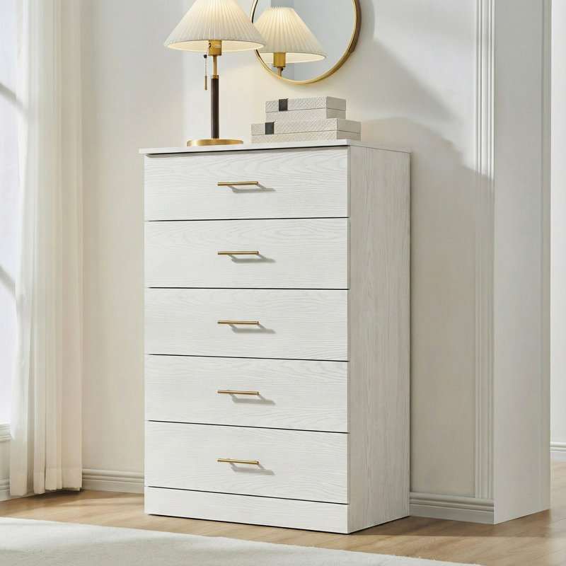 Mouton 31.3"W Modern 5 Drawer Chest, Antique White Oak