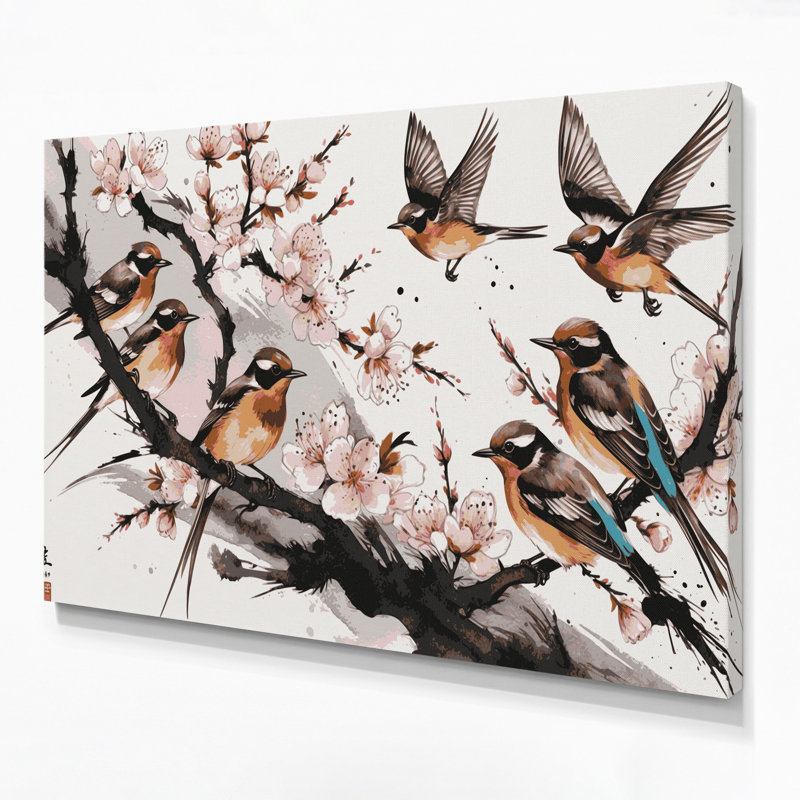 Oiseaux, art asiatique sur toile brun, H 11 po x l 14 po