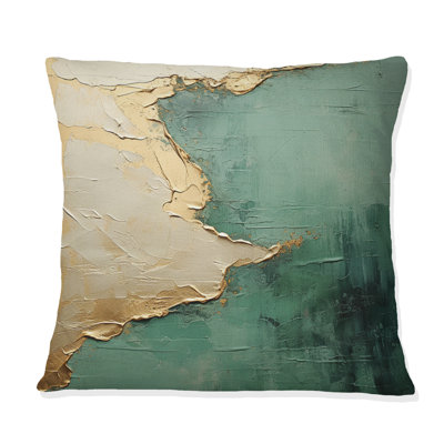 «Gold and Green Paint Fusion II» - Coussin décoratif avec peinture abstraite