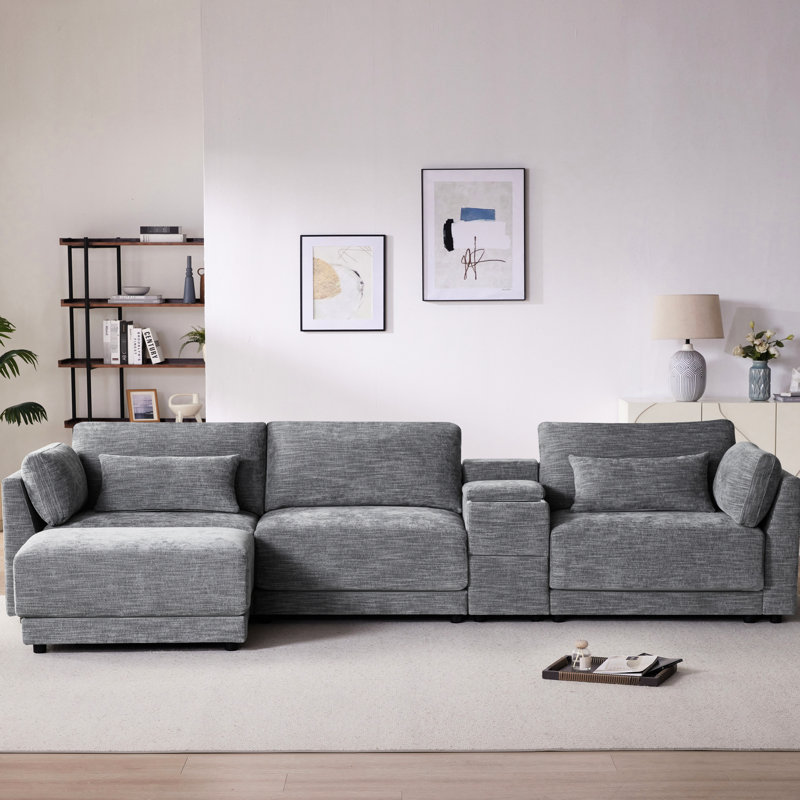 124 po modulaire en forme de L avec rangement et - siège de 33 po de largeur, chenille, 4 sièges, charge confortable réversible pour plateau modulaire gris extra-large de 12 po
