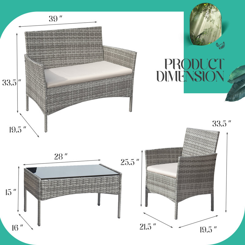 Ensemble de conversation avec canapé en rotin et coussins 4 pièces Rifiki, Beige, Gris