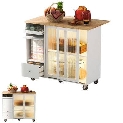 Grand chariot d'îlot de cuisine avec tablette réglable et 2 tiroirs; blanc