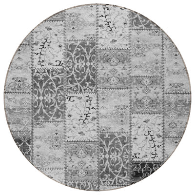 8' Round Gray Round Patchwork Washable Non Skid Indoor Outdoor Area Rug