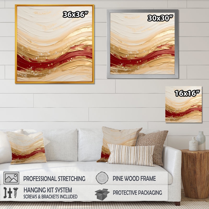 «Gold and Red Soft Wave Fusion», impression sur toile abstraite, Cadre flottant doré, H 30 po x l 30 po x P 1 po