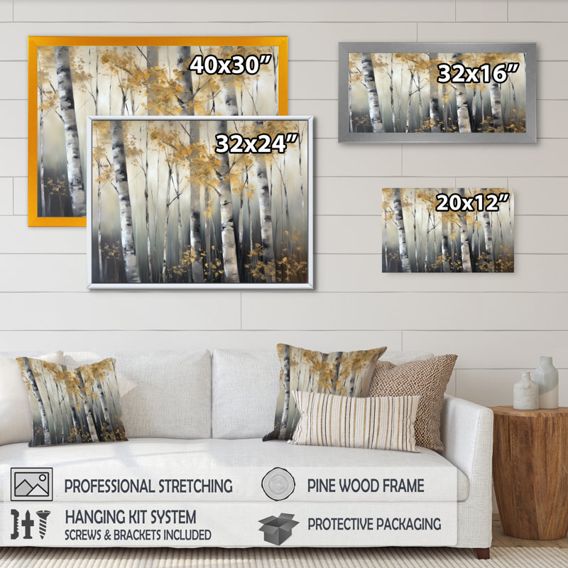 «Odwyer Birch Tree Dense Forest II», reproduction sur toile, Cadre doré simple, H 24 po x l 32 po x P 1 po