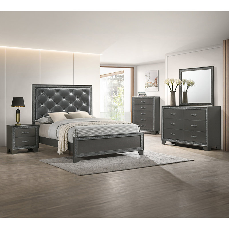 Grand lit à panneau 1pc avec tête de lit haute capitonnée
