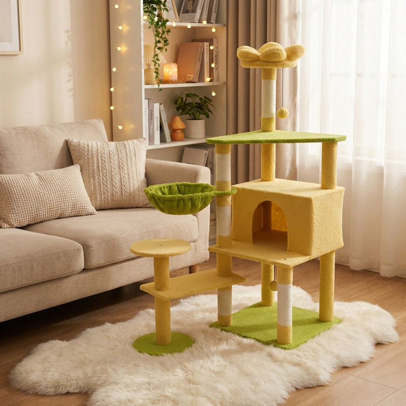 Arbre à chat charmant avec grand condo, coussin amovible et hamac pour un confort et un jeu félins, Jaune
