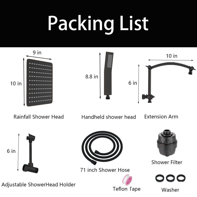 10'' Rainfall Shower Head, Dual Shower Head Combo, Adjustable Extension Arm, 71'' Hose