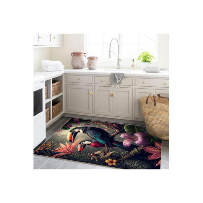 Tapis multicolore multicolore à motif tissé à base de perroquet lavable à la machine