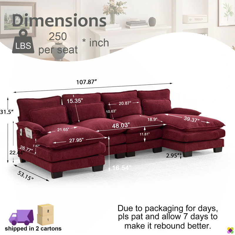Aariketh 107.87"W Chenille Stationary U-shape Sectional, Red Chenille