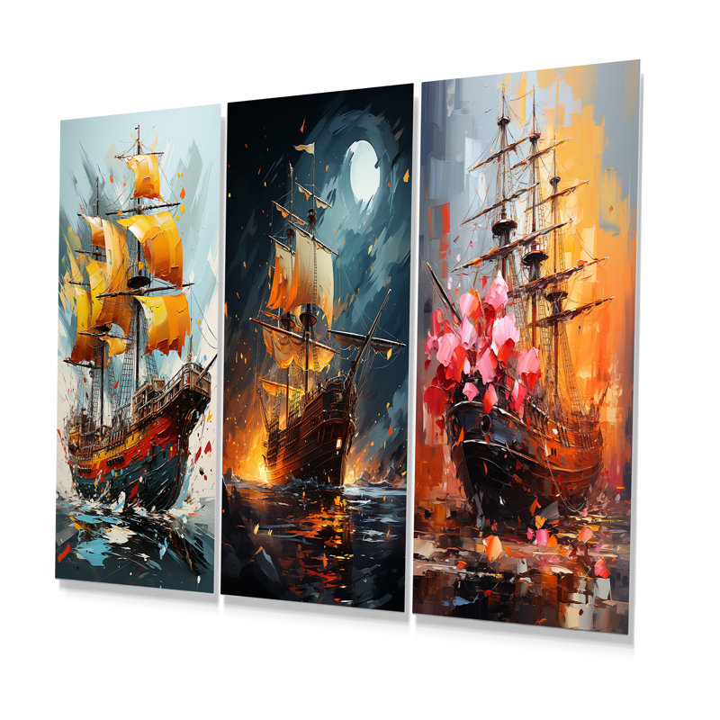 Golden Galleon Pirate Ship I - Ensemble de 3 décorations murales en métal bord de mer, H 28 po x l 36 po
