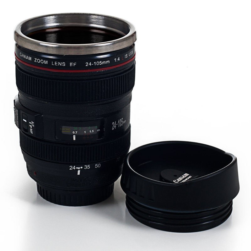 Black Stainless Steel Camera Lens Travel Tumbler with Lid