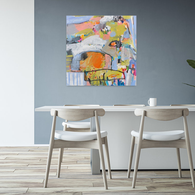 Art contemporain, paysage abstrait coloré, vibrant, nature, H 32 po x l 32 po