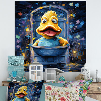 Playful Duck In Bathaign I - Art mural en métal pour salle de bain