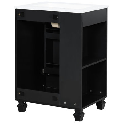 Meuble-lavabo classique de 24 po avec trop-plein de finition, 5 tablettes, compartiments ouverts latéraux et surface de lavabo lisse en pin de 24 po, structure solide, tablettes de rangement à 2 niveaux