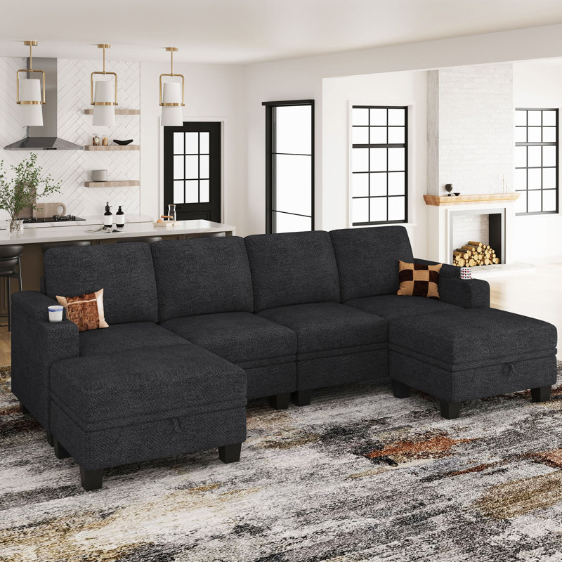 Anjana Penelopa Chenille U Shaped Sectional Modular Sofa With Storage Seats And 2 Movable Storage Ottomans For Apartment Living Room