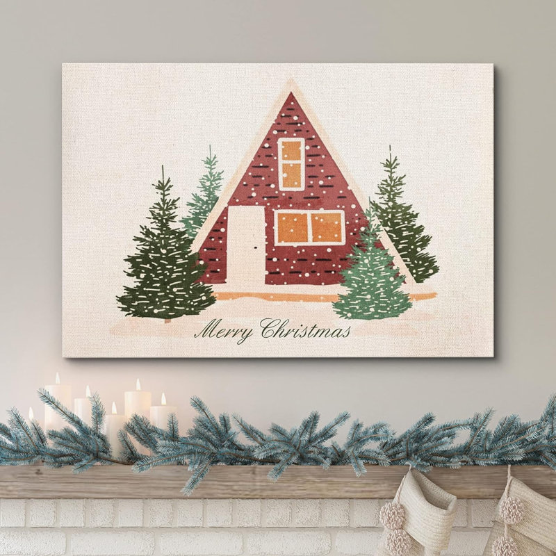 Merry Christmas Winter Log Cabin Celebrations & Holiday Decor Art moderne, Toile tendue, H 24 po x l 36 po