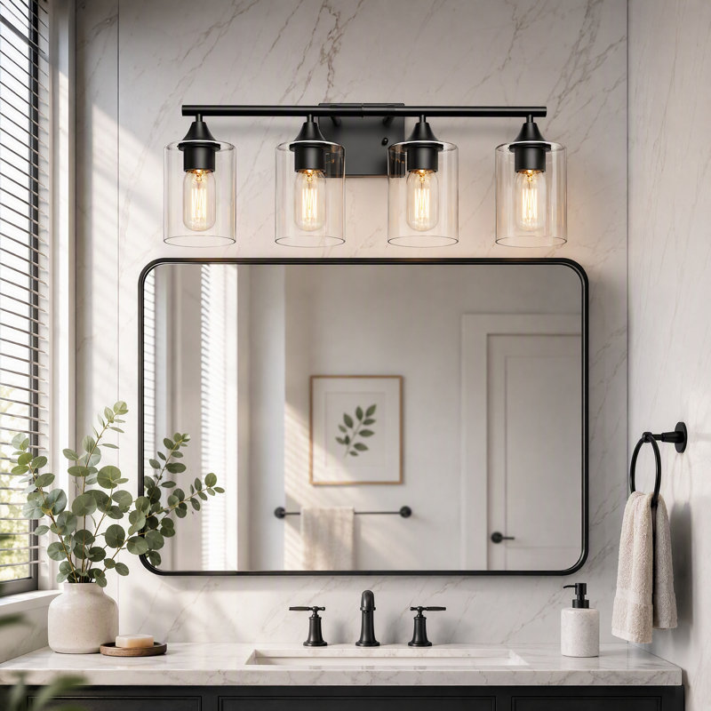 Éclairage pour salle de bain 4 lumières cylindriques en verre transparent noir mat, 4-Light