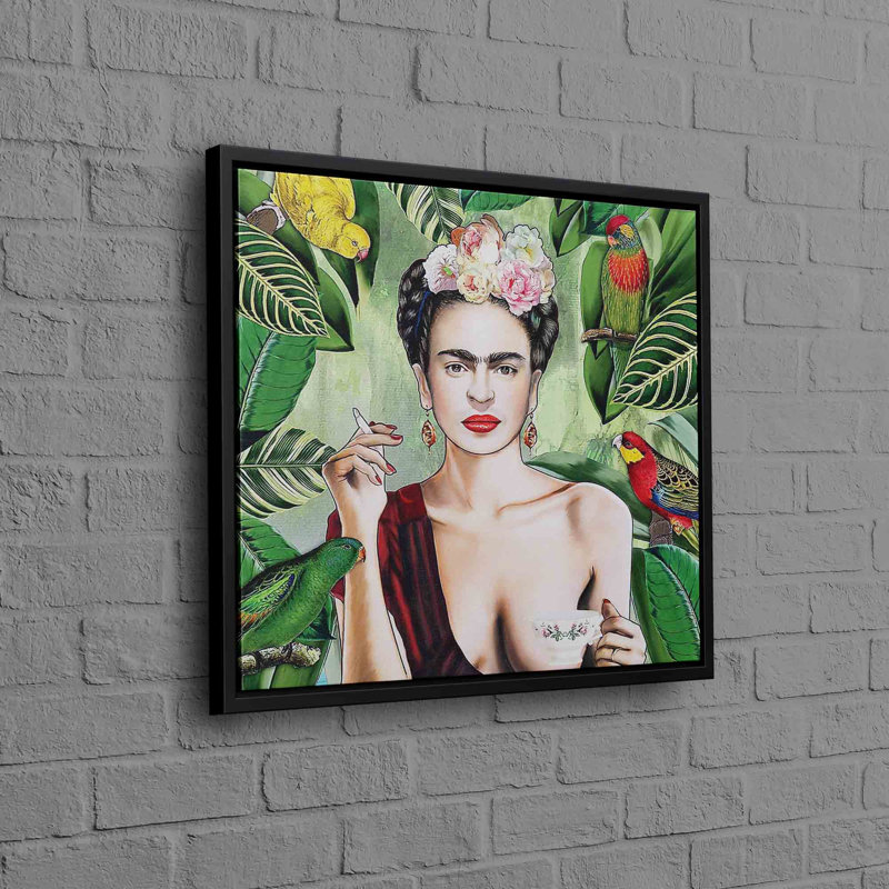 Œuvre d'art sur toile de coton inspirée de la Frida avec le thème de la tasse à thé fumante et des oiseaux de la jungle