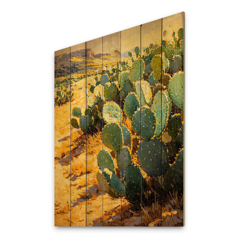 Lumière de cactus dans l'après-midi - Cactus floral, art mural sur bois de pin naturel, H 40 po x l 30 po x P 0,78 po