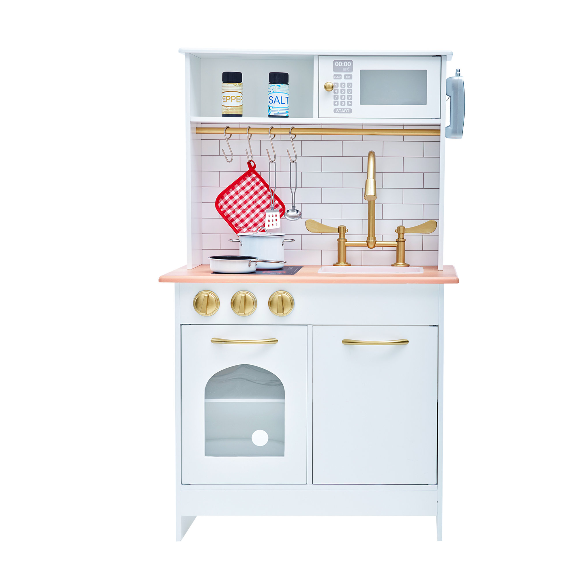 Teamson Kids Little Chef Boston Wooden Pretend Play Kitchen Set with Oven, Microwave and Acessory Set, White