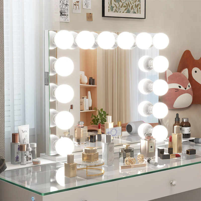 Grande coiffeuse de 150 cm avec miroir lumineux DEL, plateau en verre HD, bandes lumineuses DEL intégrées, 13 grands tiroirs, assemblage facile en 3 pièces.