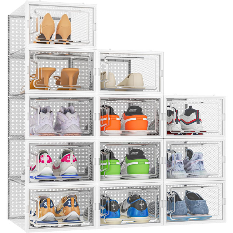 Shoe Storage Box,12 Pcs Stackable Shoe Boxes Clear Plastic Shoe Organizer Shoe Containers With Lids,Fit UK 9.5,White