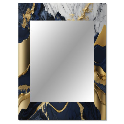 Blue And Gold Mesmerizing Marble Abstraction I - Marble Mirror, Blue Decorative Wall Mirror, Printed Metal Art