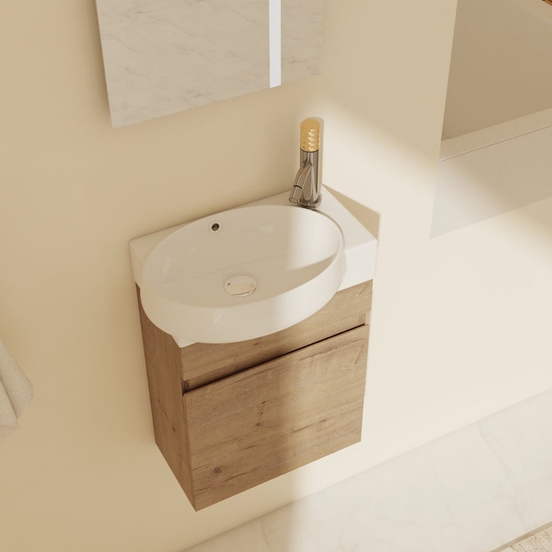 Hermanna 17" Wall Mounted Single Bathroom Vanity With Ceramic Top, Imitative Oak X