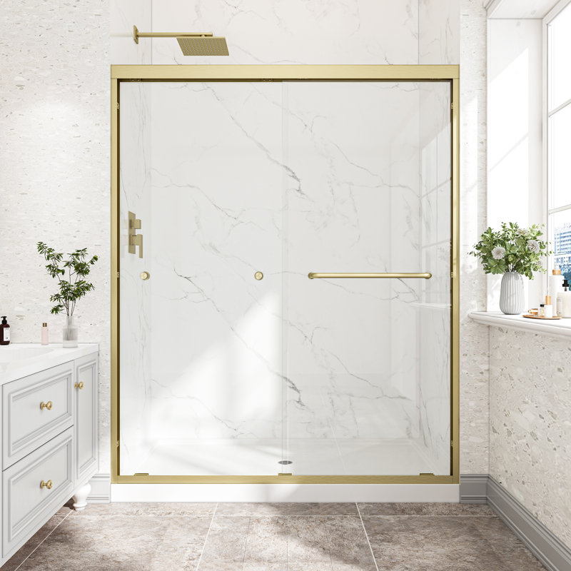 55-60 In. W X 72 In. H Double Bypass Sliding Shower Door, Brushed Gold Frame, 1/4 In. Tempered Glass With Explosion-Proof Membrane