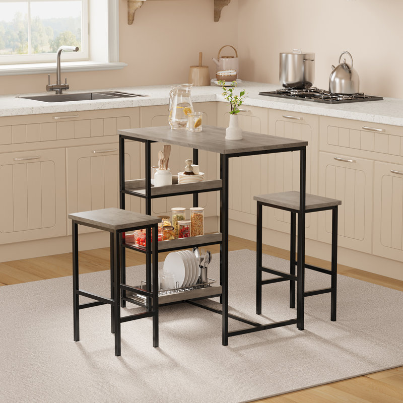3-Piece Kitchen Table Set with Storage Shelves & 2 Bar Stools, Gray