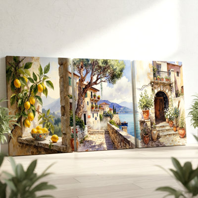 3 pièces, art mural méditerranéen avec citrons, trois pièces pour le salon, la chambre à coucher, le bureau et la maison, prêt à être accroché