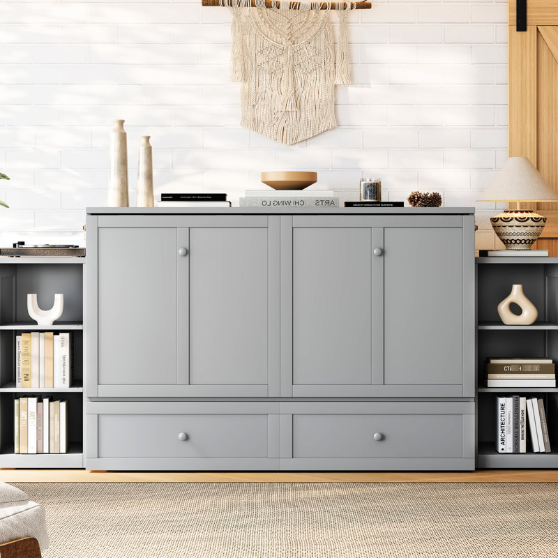 Grand lit en gris, avec tiroirs et tablettes spacieux, parfait pour les chambres compactes, lit gris, espace de construction