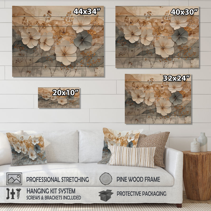 Soft Creamy Morning Glory Flowers Field IV - Morning Glory Wood Wall Decor - On Natural Pine Wood, 10" H x 20" W x 0.78" D