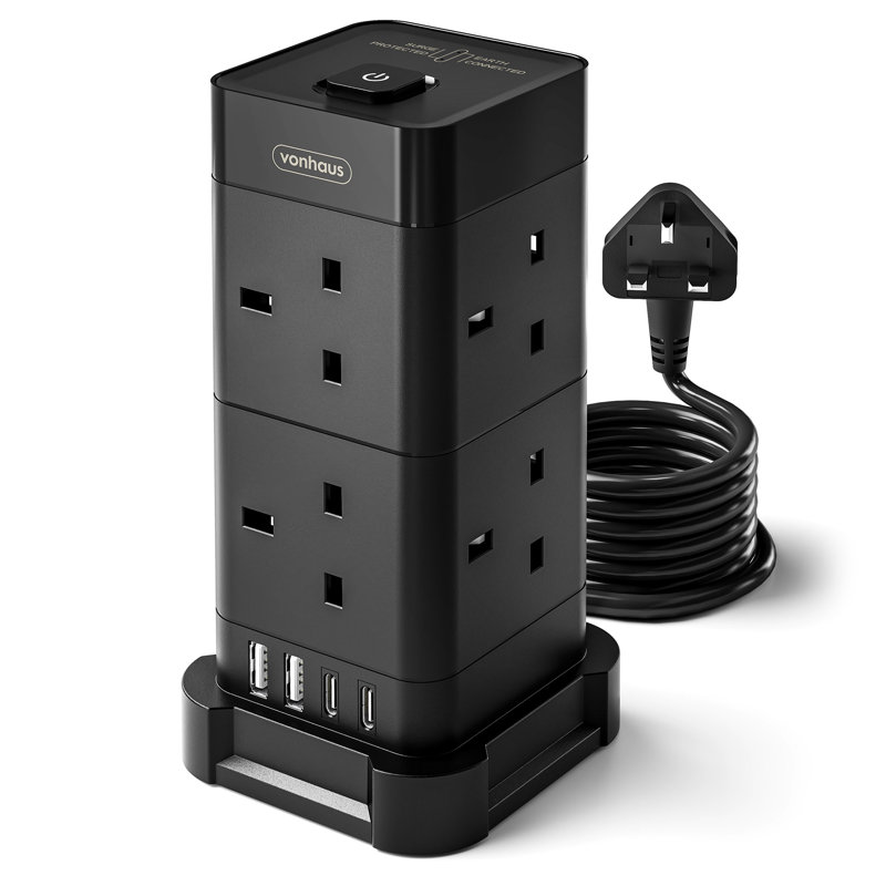 Vonhaus Tower Extension Lead, 8 Plug Cable W/ 2 Usb-C Ports & Fast Charging, Black