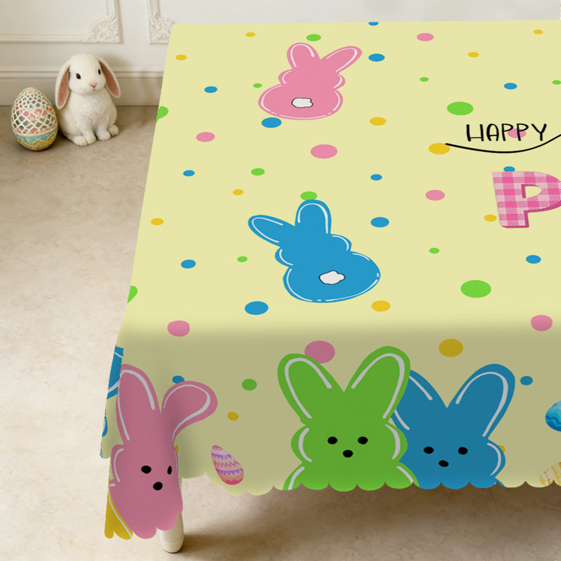 Bright Easter PEEPS Bunny Tablecloth - Vibrant Polka Dot & Colourful Rabbit Printed Fabric Cover, Washable Rectangular Tablecloth for Easter Gatherings, Kitchen Dining | Festive "Happy Easter" Themed Table Decor, Fits Dining Tables