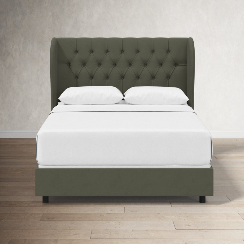 Lit tapissier capitonné standard à profil bas Tomey, Velours Loden classique, Lit simple