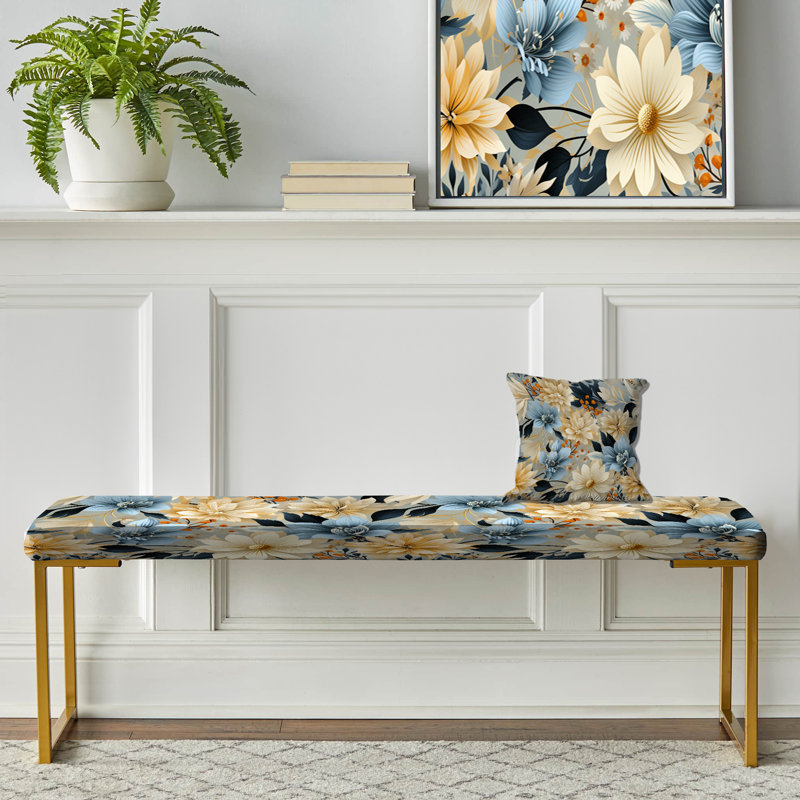 Floral Upholstered Gold Bench, Blue Boho Floral Harmony Dreams II