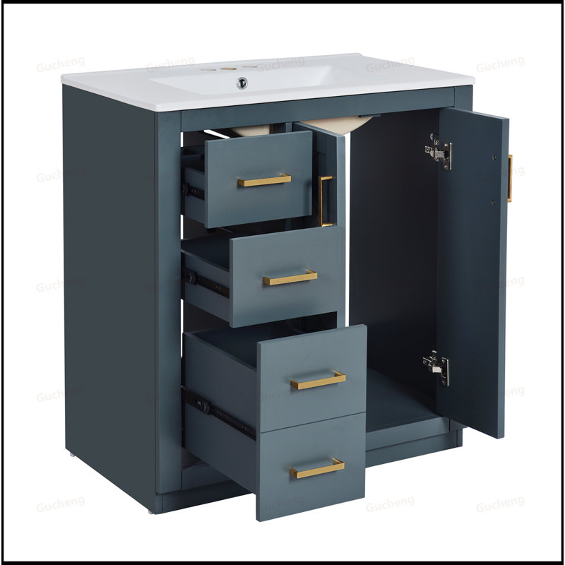 Meuble-lavabo autoportant en bois 30 po avec lavabo en céramique, Bleu