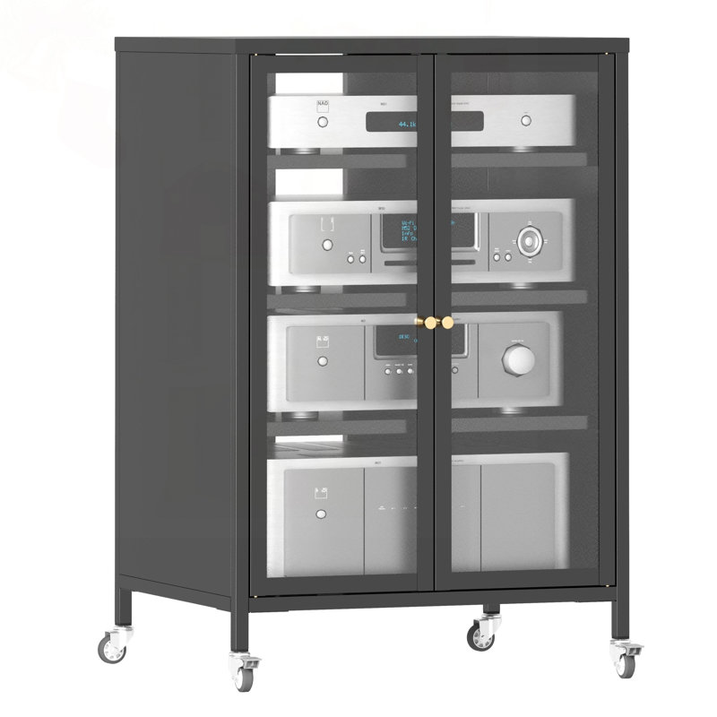 Meuble de rangement multimédia avec tablettes ajustables et roulettes