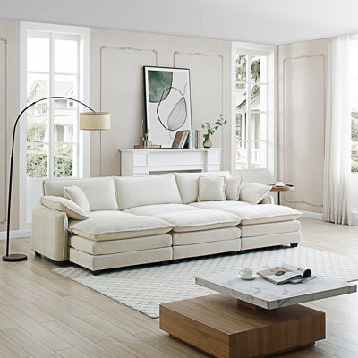 Oversized Modular Cushioned Sofa With 3 Ottomans To Work As Sleeper Sofa Beds, 3-Seater Sofa With 3 Footstools