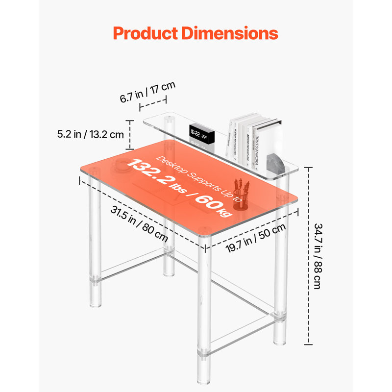 Table en acrylique avec support pour écran, 50 cm (L) x 80 cm (P) x 88 cm (H), acrylique, monobloc, bureau, transparent, conception à 2 niveaux avec barre transversale de support