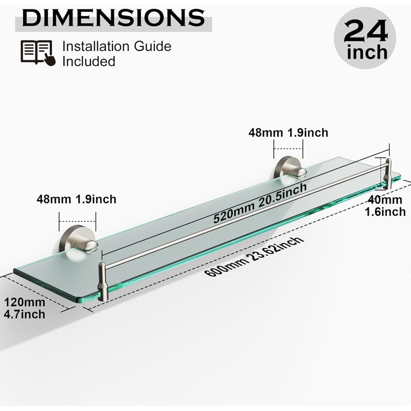 Tablettes en verre pour salle de bain, H 1,6 po x l 23,6 po x P 4,7 po