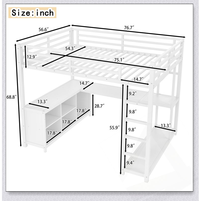 Lit mezzanine en métal avec garde-robe, bureau en forme de L et cubes de rangement pour des espaces de vie et d'étude polyvalents